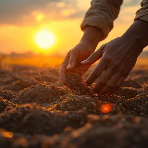 “Indian farmer sowing seeds in a golden sunrise field, realistic detail, soft warm lighting, growth and agriculture theme, inspirational farming scene, high clarity, professional photoshoot style.”